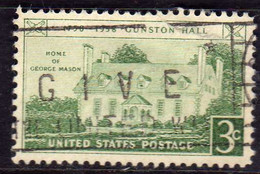 USA STATI UNITI 1958 GUNSTON HALL ISSUE VIRGINIA CENT 3c USED USATO OBLITERE' - Other & Unclassified