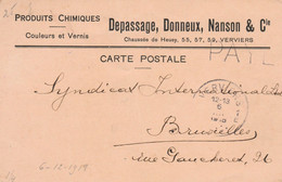 Verviers 6/12/18 - Griffe PAYE -Produits Chimiques DEPASSAGE, DONNEUX , NANSON Et Cie - Fortune Cancels (1919)