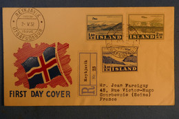 E12 ISLANDE LETTRE RECO 1952 REYKJAVIK POUR COURBEVOIE FRANCE + DAY FIRST COVER AFFRANC PLAISANT - Cartas & Documentos