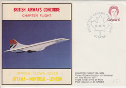 Canada, Vol Du Concorde (Ottawa, Montreal, Londres) Obl. Ottawa Le 12 III 77 Sur N° 610 + Détails Du Vol - Premiers Vols