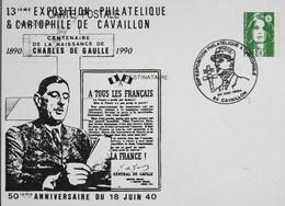 FR - 13e Expo. Philatélique & Cartophile De Cavaillon - 50e Anniv. Du 18 Juin 40 - Daté 24.5.1990 - TBE - Esposizioni Filateliche