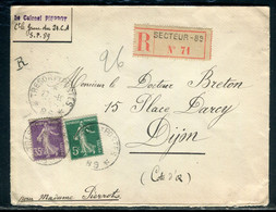 Enveloppe En Recommandé Du Secteur 89 Pour Dijon, Affranchissement Semeuses 5ct + 35ct - O 60 - Guerre De 1914-18