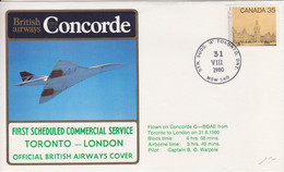 Canada, Vol Du Concorde (Toronto-Londres) Obl. Toronto Le 31 VIII 80 Sur N° 730 + Détails Du Vol - First Flight Covers