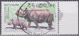 Deutschland 2001: Bedrohte Tierarten: Indisches Panzernashorn, Mi 2183 Gebraucht - Rhinoceros