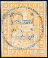 1854 20 Rp. Vollrandige Strubelmarke, Zentrisch Gestempelt P.P. Im Kreis Blau. Kat Nr. 25B. Signiert - Gebraucht