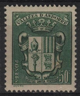 AND 66 - ANDORRE N° 58 Neuf** 50 Cts Vert Foncé Armoiries Des Vallées - Unused Stamps