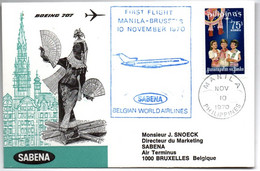 Manila Brussels Bruxelles 1970 - SABENA  - Philipines Manille Piliipinas- Inaugural Flight - 1er Vol Erstflug - Lettres & Documents