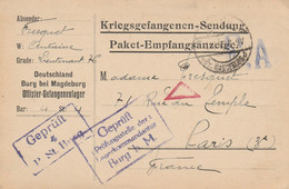 Officier Français(Lt FRESQUET) Burg Bei Magdeburg /gepruft Lagerkommandantur Burg H M + Censure Triangle Rouge Vers Pari - Prisoners