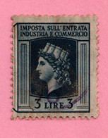 Italia Lungotenenza Fiscali Revenue Imposta Industria Commercio Lire 3 Usato - Revenue Stamps