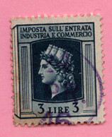 Italia Lungotenenza Fiscali Revenue Imposta Industria Commercio Lire 3 Usato - Revenue Stamps