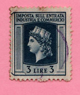 Italia Lungotenenza Fiscali Revenue Imposta Industria Commercio Lire 3 Usato - Revenue Stamps