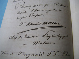 LETTRE AUTOGRAPHE SIGNEE D'ARMAND MOREAU 1869 MEDECIN PHYSIOLOGIE MUSEUM ACADEMIE à BECQUEREL - Handtekening