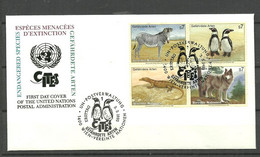 United Nations Vienna 1993 Endangered Species, Animals Zebra, Penguins, Wolf, Mi 143-146 In Bloc FDC - Cartas & Documentos