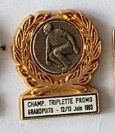 * Pin's  Argenté  Ville, Sport  Pétanque  CHAMPIONNAT  TRIPLETTE  PROMOTION  à  GRANDPUITS - 12 / 13  Juin  1993 ( 77 ) - Pétanque