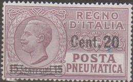 Italia 1924 Posta Pneumatica UnN°PN6 (*) No Gum Cent 20/15 - Correo Neumático