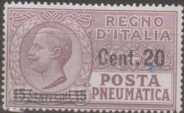 Italia 1924 Posta Pneumatica UnN°PN6 (*) No Gum Cent 20/15 - Poste Pneumatique