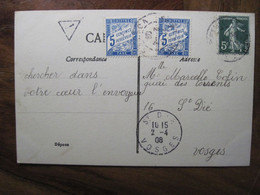 France 1908 Taxée Cpa Enfant Brouette Ak St Dié Vosges 2 X 5c Taxe - 1859-1959 Cartas & Documentos