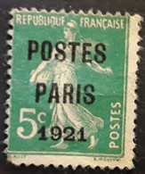 France Preo  Preobliteres Yvert No 26,Semeuse Camee 5 C Vert POSTES PARIS 1921 ,neuf (*)  BTB Cote 80 Euros - 1893-1947