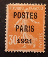 France Preo  Preobliteres Yvert No 29 Semeuse Camee 30 C Orange POSTES PARIS 1921 ,neuf (*)  BTB Cote 80 Euros - 1893-1947