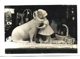 CARTE PHOTO - Un Cochon Et Une Fillette (probablement Vitrine De CHARCUTERIE) - Negozi