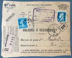 France N°176 Et 192 Sur DEVANT Des Valeurs à Recouvrer 1.2.1926 - (C1551) - 1921-1960: Modern Tijdperk