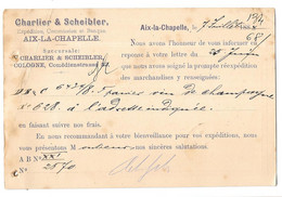 ENTIER POSTAL  CHARLIER &SCHENEIDER..1884...AACHEN..  AVIZE..  PARIS ETRANGER BLEU. TBE SCAN - Cartas & Documentos