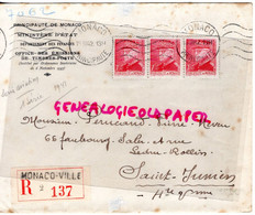 MARCOPHILIE TIMBRE MONACO 3 X 1F 50- PORTE DU PALAIS-MINISTERE ETAT FINANCES- 1942- PERUCAUD MEGISSERIE SAINT JUNIEN - Marcophilie