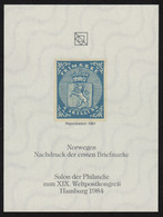 Norway First Stamp 1855 Reproduction UPU Congress Salon 1984 GERMANY Hamburg Philatelist Commemorative Sheet Block - Nuovi