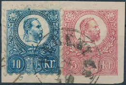 1871 5kr + 10kr Kivágáson, Kék Festékelfolyás A Fej Felett / 5kr + 10kr Paint Spot - Other & Unclassified