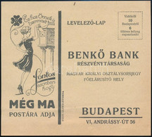 Bekő Bank Rt. M. Kir. Osztálysorsjegy Főelárusítóhely Budapest VI. Andrássy út Szórólap Irredenta Grafikával, Kisebb Sza - Advertising