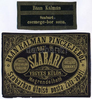 Cca 1873 Után Szabari Vegyes Külön(legeség) és Csemege-bor Aszu Baán Kálmán Szabari Pincéjéből, Italcímkék, 2 Db, Az Egy - Advertising