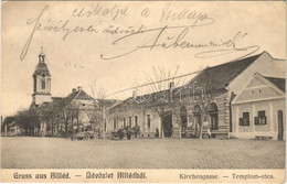 T2 1912 Billéd, Biled; Templom Utca, Tenner Ignác üzlete. A. Weiser Kiadása / Kirchengasse / Street, Church, Shops - Sin Clasificación