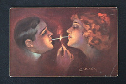 Couple SMOKING Lovers ILLUMINATED Fire Cigarette ILLUSTRATION  Luiz Felipe USABAL Y Hernandez ART DECO - Usabal