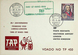 1969. Portugal. 20º Aniversário Do 1º Voo Lisboa - Londres - Covers & Documents