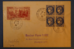 C FRANCE BELLE LETTRE RARE 1938 PARIS POUR LE XVII EME + BLOC  DE 4 TIMBRES CERES  ET VIGNETTE + RARE EN IER JOUR - Altri & Non Classificati