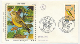 ANDORRE - 2 Enveloppes FDC Soie => Protection Nature - Venturon Montagnard / Bouvreuil - 21/9/1974 - Andorre La Vieille - FDC