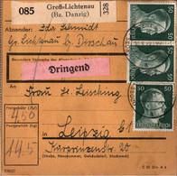 ! 1943 Groß Lichtenau, Danzig Nach Leipzig, Mehrfachfrankatur 50 Pfennig Hitler, Paketkarte, Deutsches Reich, 3. Reich - Cartas
