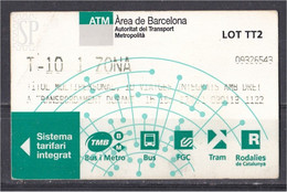 Titre De Transporte Àrea Barcelona Bus Metro FGC Tram Rodalies Transport Ticket Sistema Tarifari Integrat - Unclassified