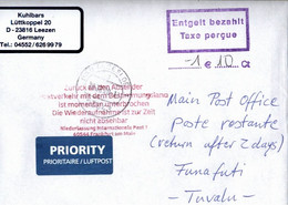 ! 28.8.2020 Cover Interruption Of Postal Service Germany To Tuvalu Because Of Covid19, Internationaler Antwortschein - Tuvalu (fr. Elliceinseln)