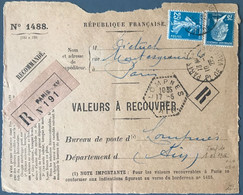 France N°140 Et 177 Sur DEVANT Des Valeurs à Recouvrer De Paris à LOMPNES, Ain 10.5.1926 - (C1581) - 1921-1960: Modern Tijdperk
