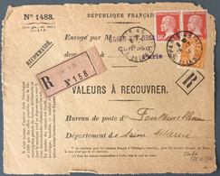 France N°158 Et 173 (x2) Sur DEVANT Des Valeurs à Recouvrer 26.7.1924 - (C1587) - 1921-1960: Modern Tijdperk