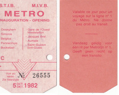 BELGIQUE :  TIQUET DE METRO INAUGURATION DE LA LIGNE 1  LE 5 OCTOBRE 1982 - Europe
