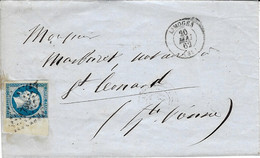1862- Lettre De LIMOGES ( Hte Vienne) Cad T15 Affr. N° 14 ( 4 Marges ) Grand Bord De Feuille - 1849-1876: Classic Period