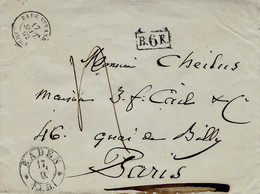 1862- Cover From BADEN To Paris , B.6 K . Framed+  Entrance  Bade Strasb. / AMB. A - Entry Postmarks