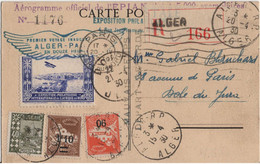 ALGERIE CARTE POSTALE OBLITEREE EN RECOMMANDEE COMMEMORATIVE PREMIER VOL ALGER PARIS EN 12 HEURES TRANSPORTS AVION - Lettres & Documents