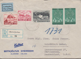 1957. ISLAND. ANDAKILSARVIRKJUN 2,45 Kr + 2 Ex 70 Aur, 25 + 90 Aur On Reg-cover To Wü... (Michel 308+) - JF366971 - Covers & Documents