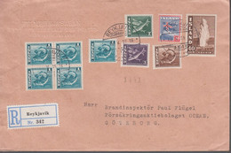 1939. ISLAND. Geysir.__ 40 Aur Brun + 5 Ex 1 EYR, 3 Aur, 5 Aur, 7 Aur, 10 Aur On Reg ... (Michel 213A) - JF367000 - Storia Postale