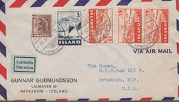 1947. ISLAND. Air Mail. 1 Kr. + 3 Ex 15 Aur + 5 Aur Fish. On Cover To USA From REYKJA... (Michel 244+) - JF367010 - Cartas & Documentos
