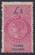 NEW ZEALAND 1871 REVENUE £3 SHORT TAIL QV STAMP DUTY MH OG. - Ongebruikt