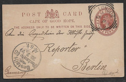 1899 27 FEB-  CAPE OF GOOD HOPE 1d PSC USED - EAST LONDON C.G.H To BERLIN, ARRIVAL - Cape Of Good Hope (1853-1904)